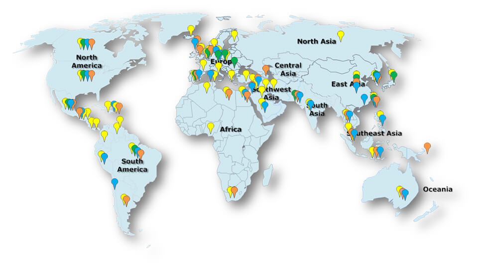 Map of TEi global installations for feedwater heaters, condensers, moisture separation reheaters and heat exchangers