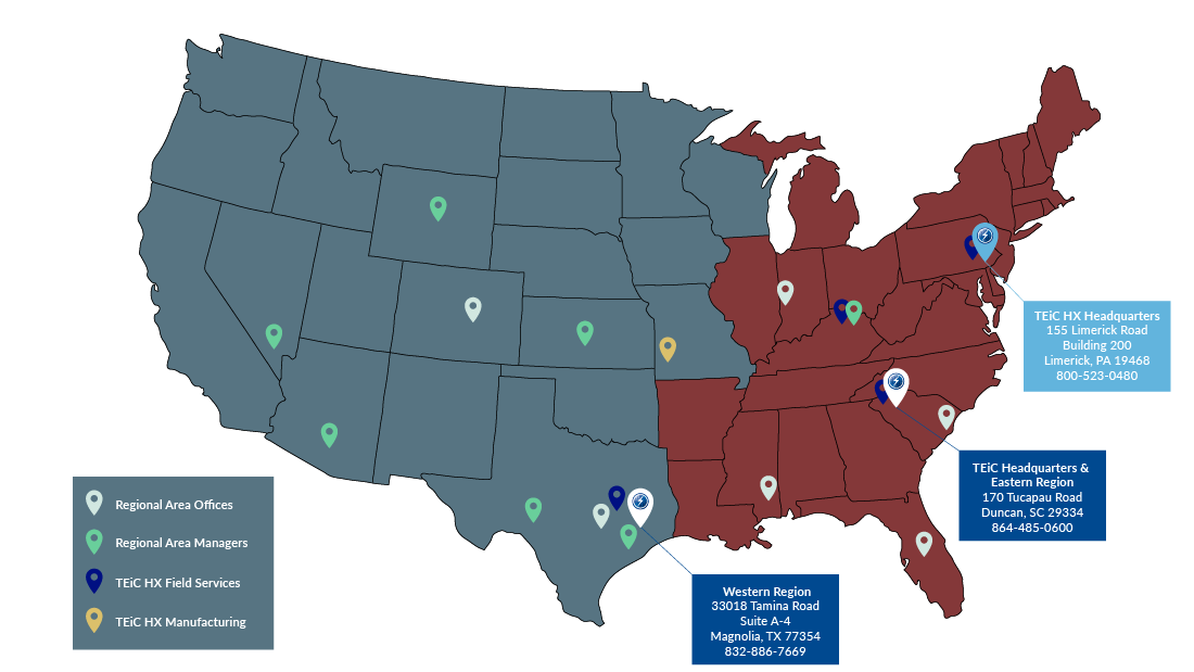 TEiC locations map including regional offices, managers, manufacturing, and field services