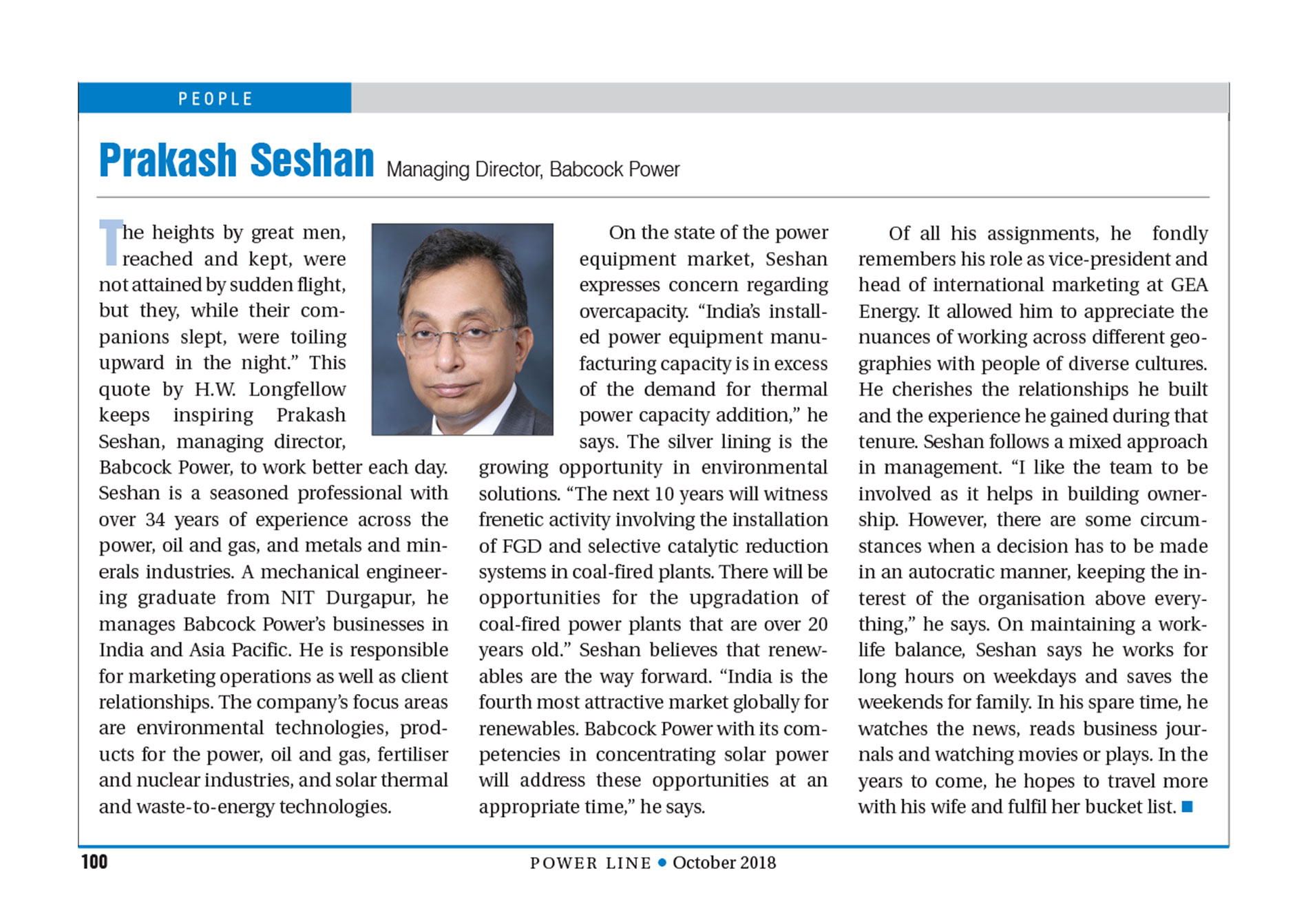 PowerLine Magazine profile of Babcock Power APAC Pvt. Ldt. Managing Director Prakash Seshan